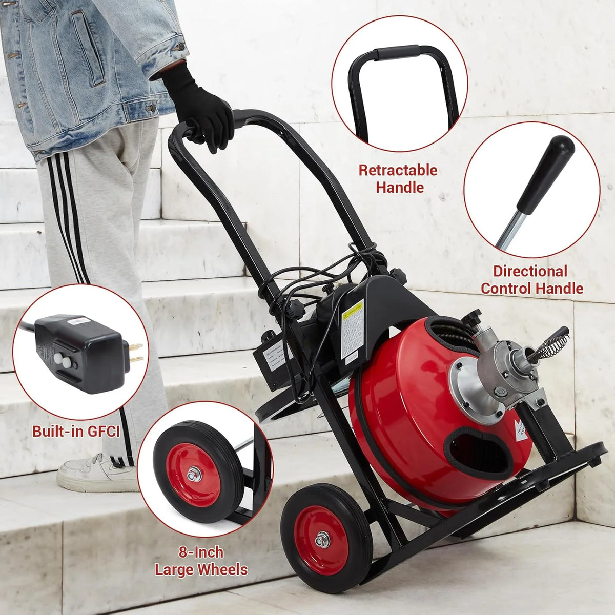 Telyswee Drain Cleaner Machine 100ft x 1/2inch Auto-feed Electric Drain Auger for 1in to 4in Pipes, w/ 8 Cutters & Air-activated Foot Switch, 250W/370W 1700RPM Drain Sewer Snake Drain Auger Cleaner