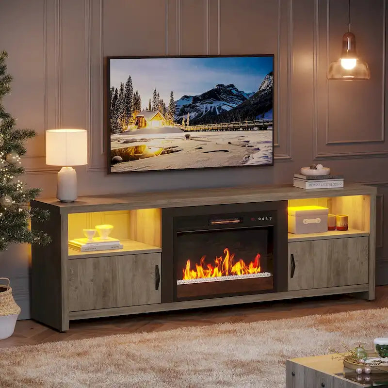 71-Inch TV Stand for 75-Inch TVs with LED Fireplace and Storage Cabinet