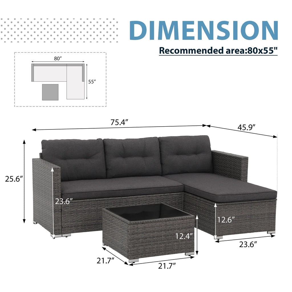 JOIVI 3 Pieces Patio Conversation Set, PE Wicker Rattan Outdoor Furniture Set, 2 Ways Small Sectional Sofa, Tempered Glass Coffee Table, Silver-Gray
