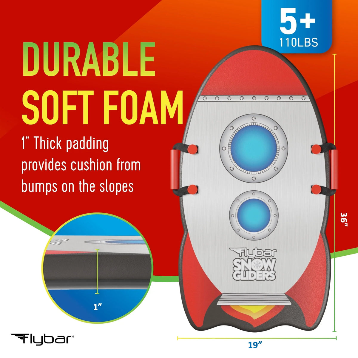 Flybar Kids 36' Rocket Foam Toboggan Snow Sled for Kids with Slick Bottom for Kids, Ages 6+