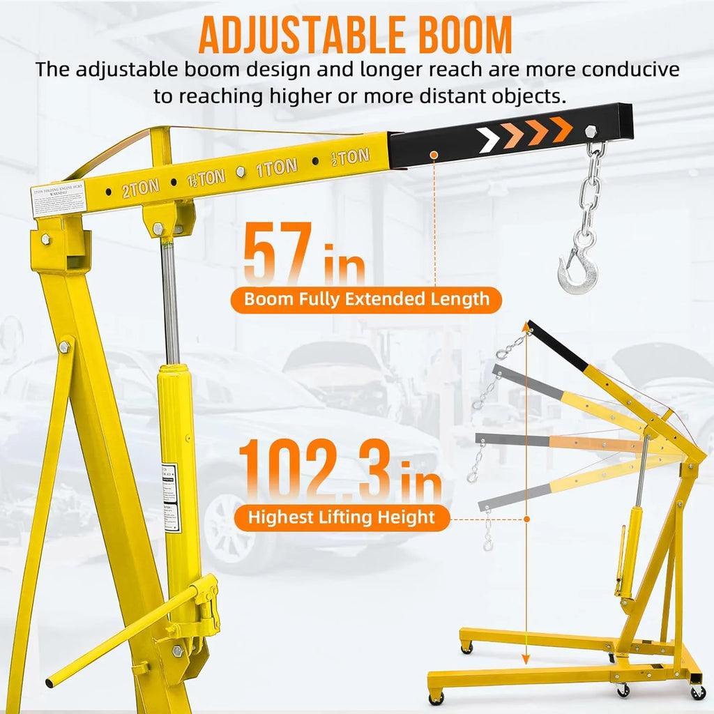 Joankaren 2 Ton Folding Hydraulic Engine Hoist, Heavy - Duty Engine Shop Crane Hoist Lift, Heavy Cherry Picker with 6