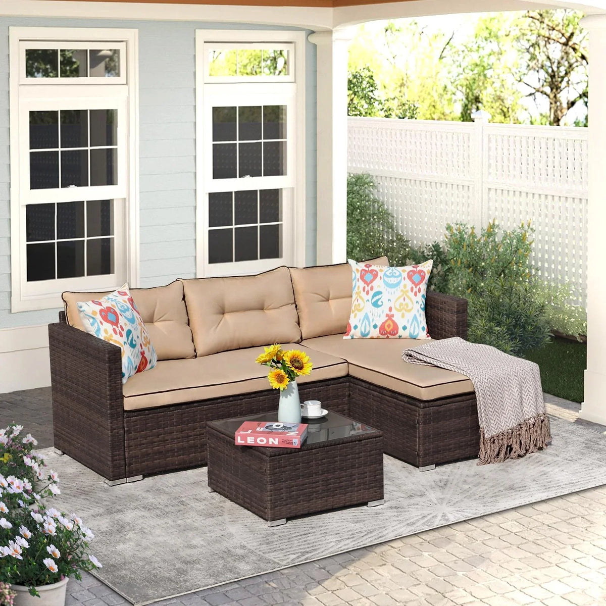 JOIVI 3 Pieces Patio Conversation Set, PE Wicker Rattan Outdoor Furniture Set, 2 Ways Small Sectional Sofa, Tempered Glass Coffee Table, Silver-Gray