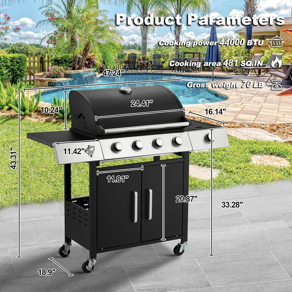Upgraded 4 Burner BBQ Propane Gas Grill with Cast Iron Grates & Side Stove, 44,000 BTU Stainless Steel Burner Barbecue Grill for Patio, Camping, Outdoor Cooking.