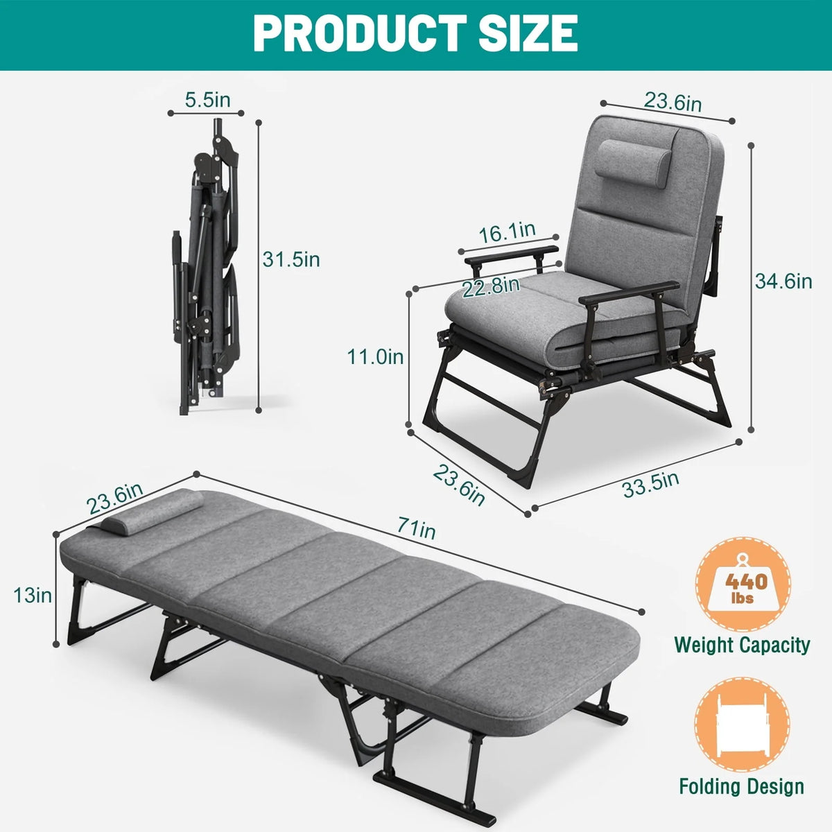 FICISOG Portable Beds Frame with Mattress, Foldaway Rest Cots for Adults Kids, Gray