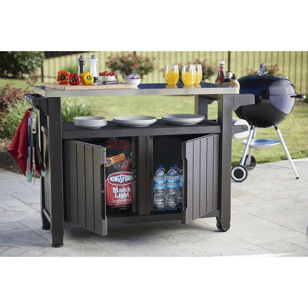 Keter Unity XL Outdoor Kitchen Bar Rolling Cart with Storage Cabinet, Brown