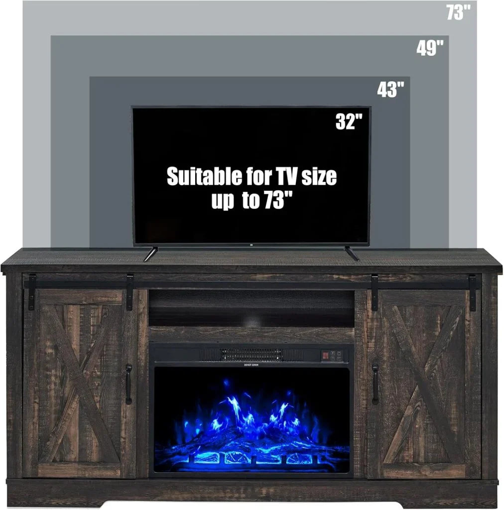 AMERLIFE Fireplace TV Stand with Sliding Barn Door for TVs up to 73", Farmhouse 63" Fireplace Entertainment Center with Storage Cabinets/Adjustable Shelves