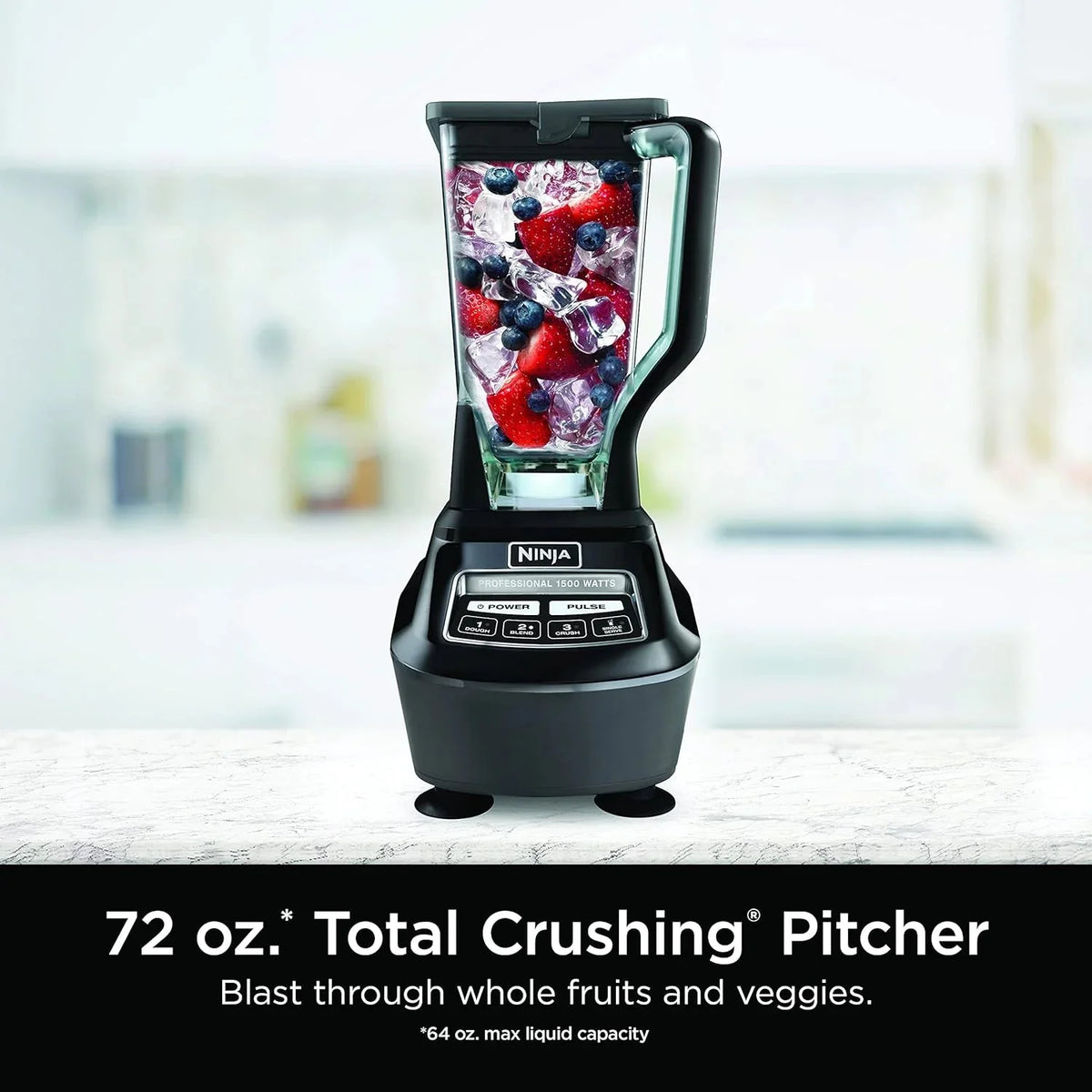 Ninja Blender, Mega Kitchen System, 1500W, 4 Functions for Smoothies, Processing, Dough, Drinks & More, with 72 Blender Pitcher, 64 Processor Bowl, 2 Nutri Cups + Lids, Black, BL770