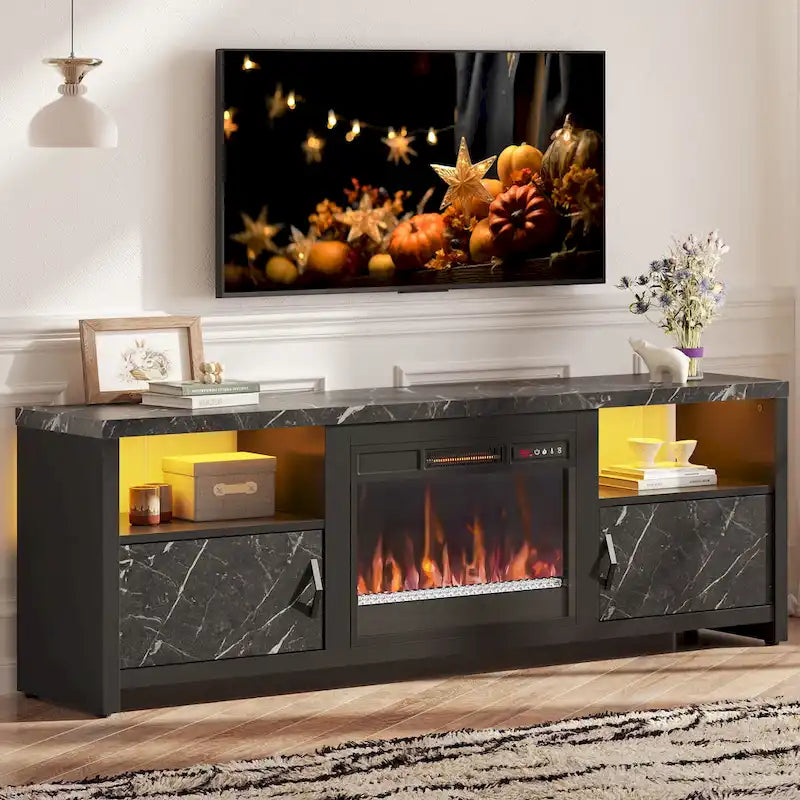 71-Inch TV Stand for 75-Inch TVs with LED Fireplace and Storage Cabinet