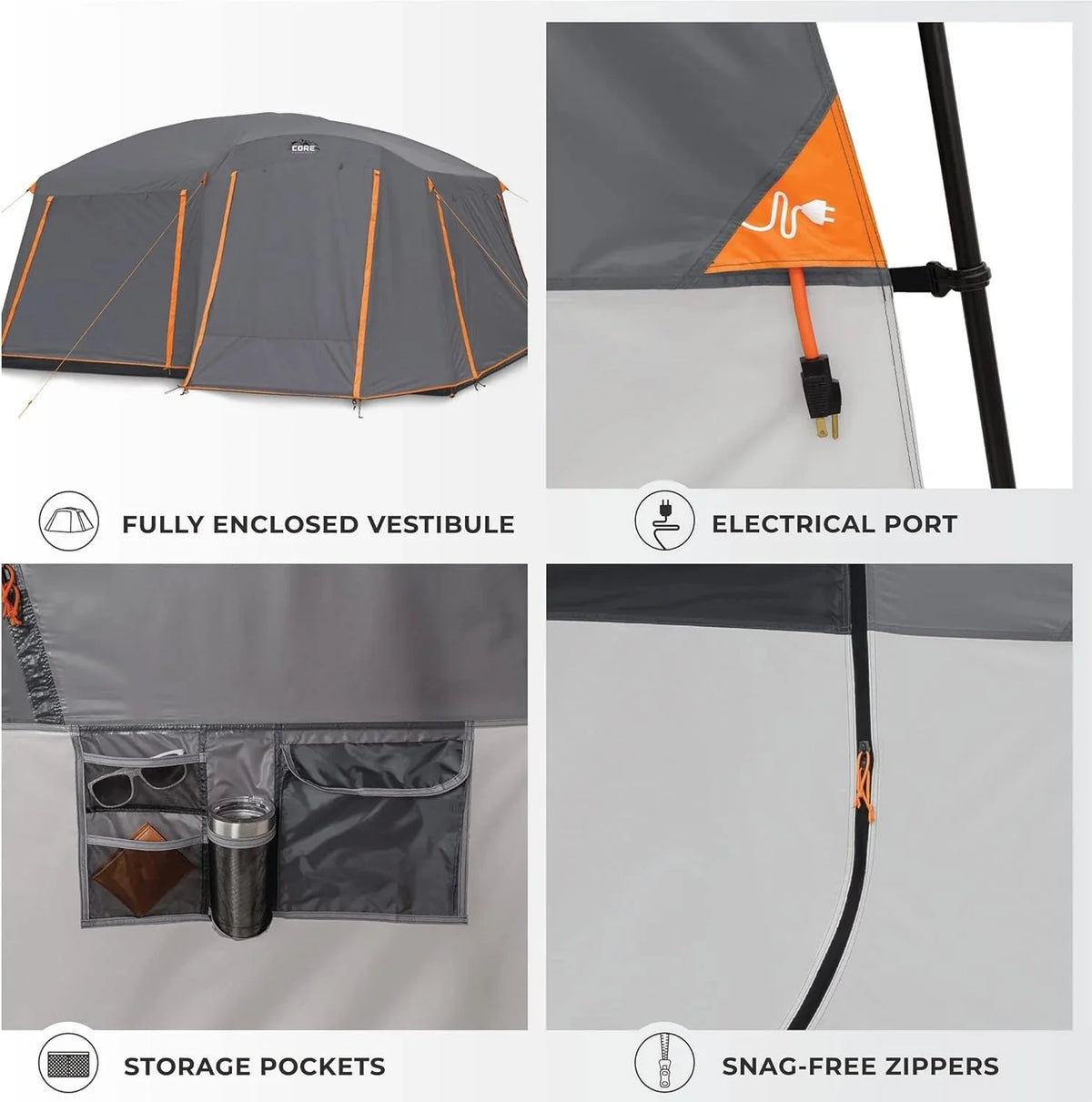 CORE Straight Wall Cabin Tents | 10 Person / 11 Person / 12 Person Large Multi Room Family Tents for Car Camping & Outdoor Adventures