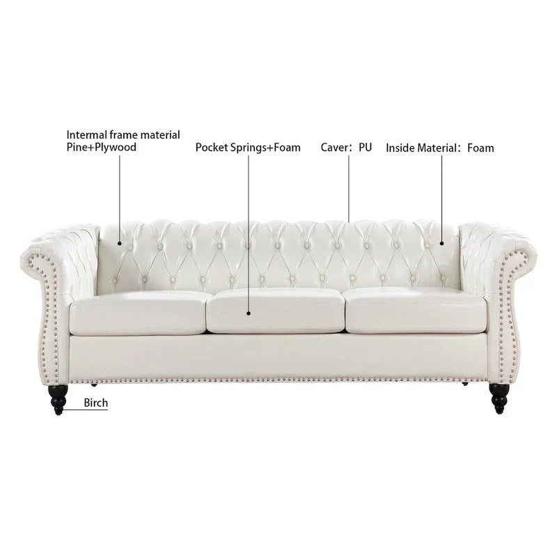 Cream 84.65 Traditional Chesterfield 3-Seater Sofa in PU Leather