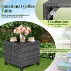 Gymax 3PCS Patio Rattan Sofa Set Outdoor Wicker Conversation Set Glass Tabletop w/ Grey Cushion