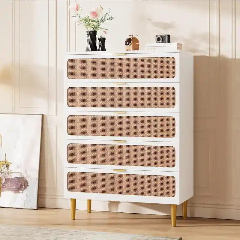 Rattan 5-Drawer Dresser for Bedroom and Hallway
