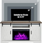 AMERLIFE Fireplace TV Stand with Sliding Barn Door for TVs up to 73", Farmhouse 63" Fireplace Entertainment Center with Storage Cabinets/Adjustable Shelves
