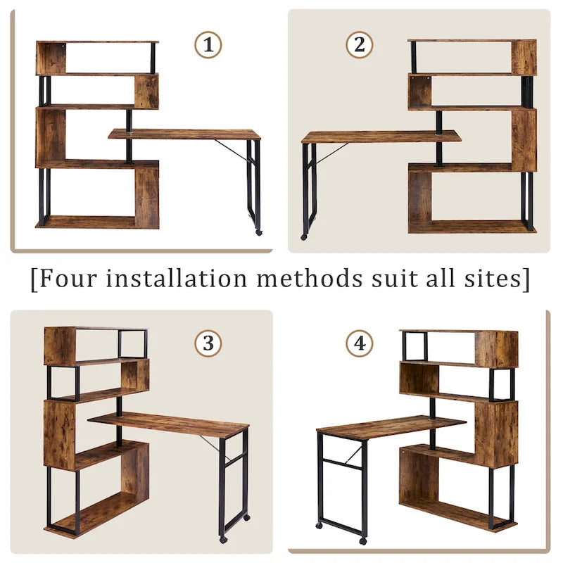Modern Computer Desk with 5-Tier Shelves – Space-Saving Rotatable Workstation