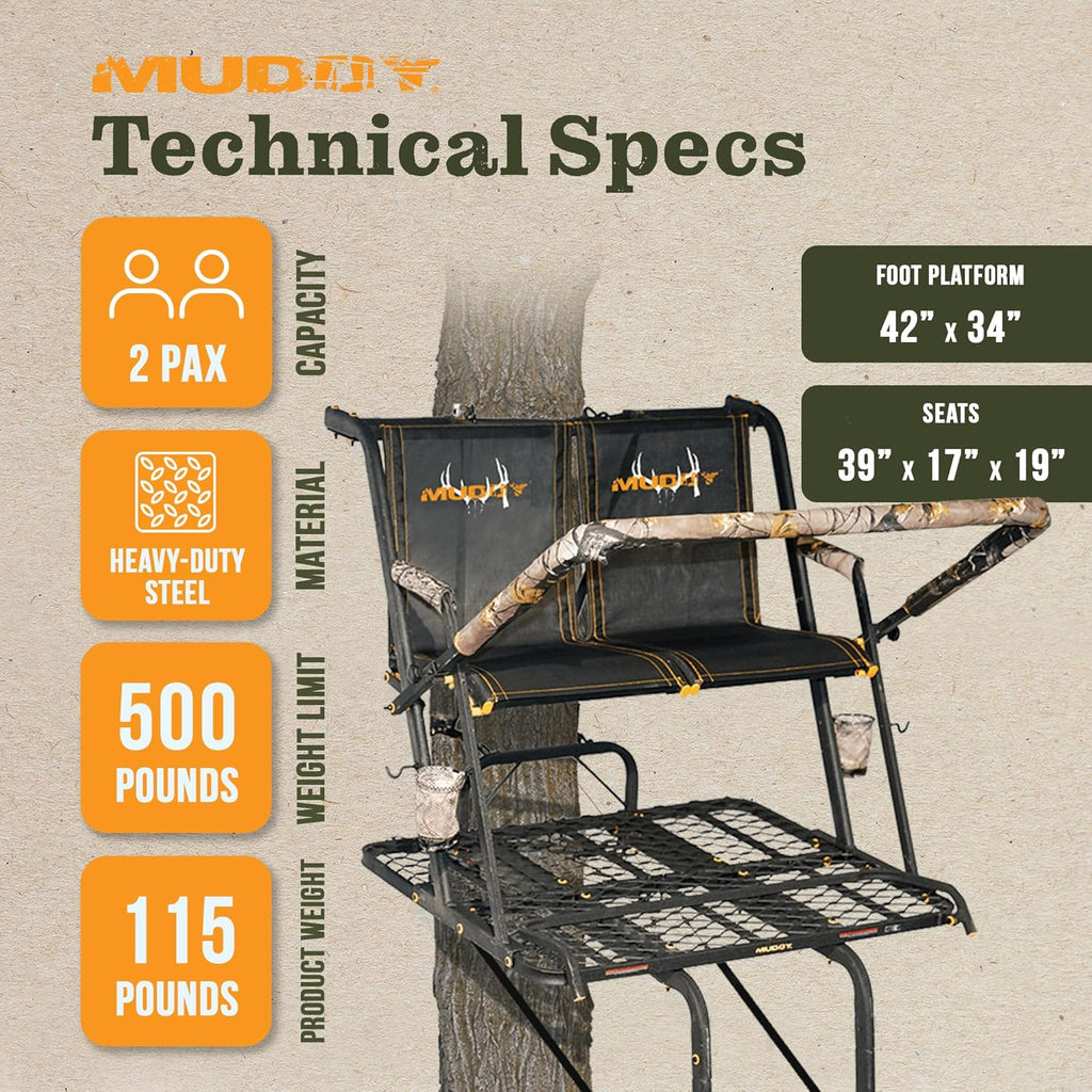 Ladder Tree Stand, 20ft, 500lb Capacity, 2-Person
