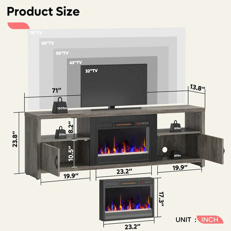 71-Inch TV Stand for 75-Inch TVs with LED Fireplace and Storage Cabinet