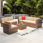 7 Pieces Outdoor Patio Furniture Sets Wicker Sectional Sofa PE Rattan Conversation Sets with Cushions