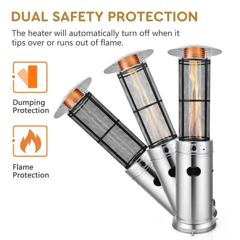 41000 BTU Standing Propane Patio Heater with Wheels, Stainless Steel Round Glass Tube Gas Outdoor Heater