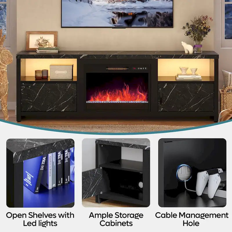 71-Inch TV Stand for 75-Inch TVs with LED Fireplace and Storage Cabinet