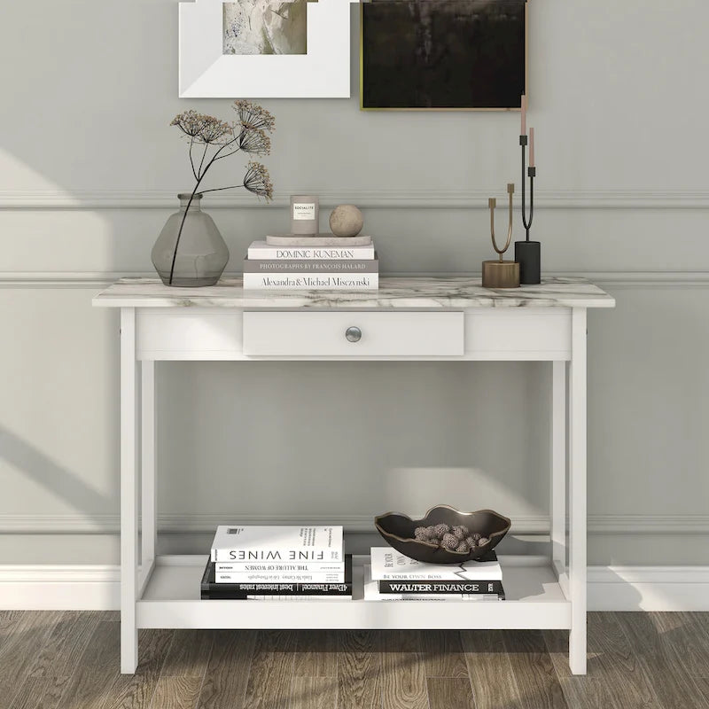 Denhour DH BASIC 4-Piece Open-Shelf Coffee Table Set with Drawer in Transitional Rubberwood