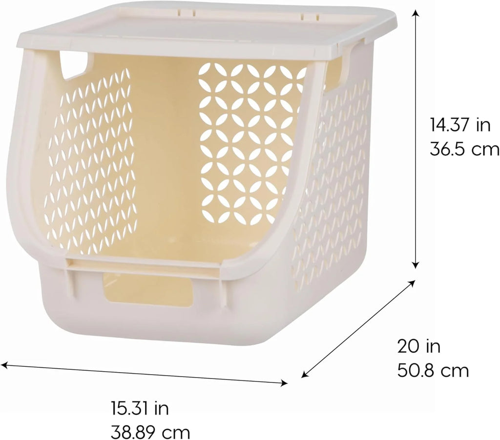 Laundry Basket Hamper, 40L - 3 Pack Stackable Plastic Clothes Sorter Bin with Lids | Off White