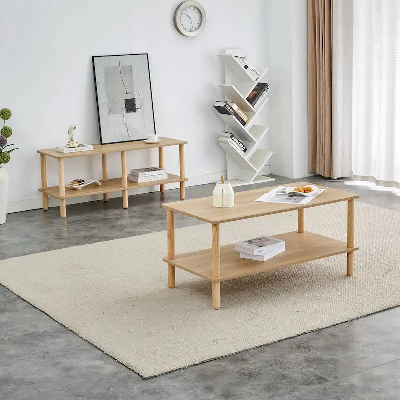 39-Inch Coffee Table with Two-Tier Design and Rubberwood Legs