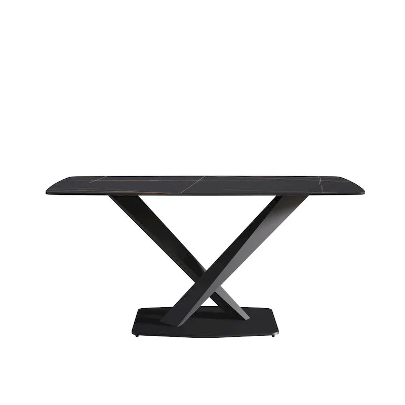 63-Inch Contemporary Dining Table with Slate Stone Surface and Metal Legs, Marble Finish