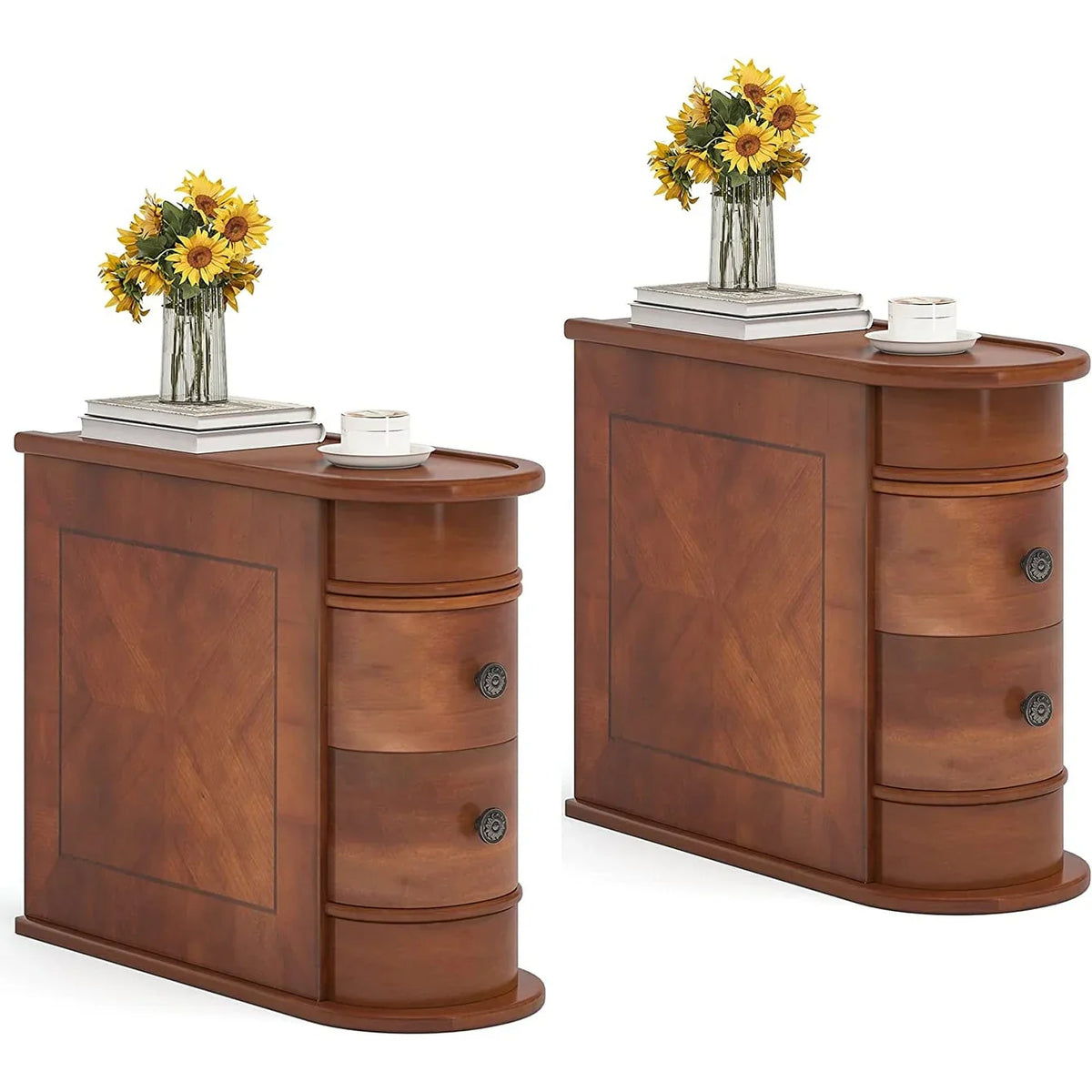 Solid Wood Chairside End Table, Two-Drawer Narrow Side Table Slim