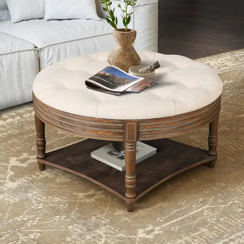 Round Storage Ottoman Coffee Table with Tufted Seat and Wooden Base