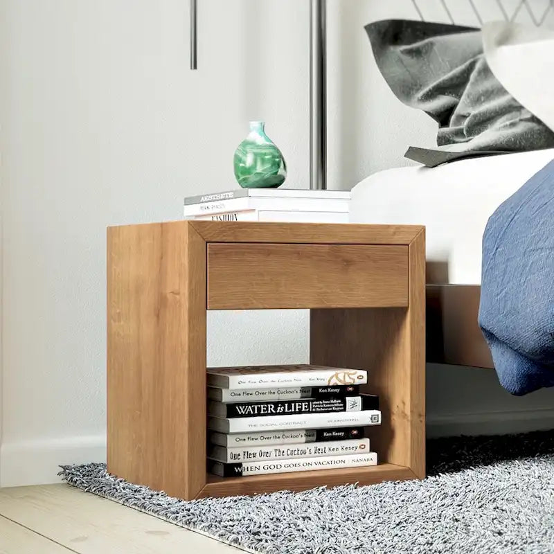 Solid Oak Scandinavian Floating Nightstand with Drawer - Stylish Bedroom Side Table