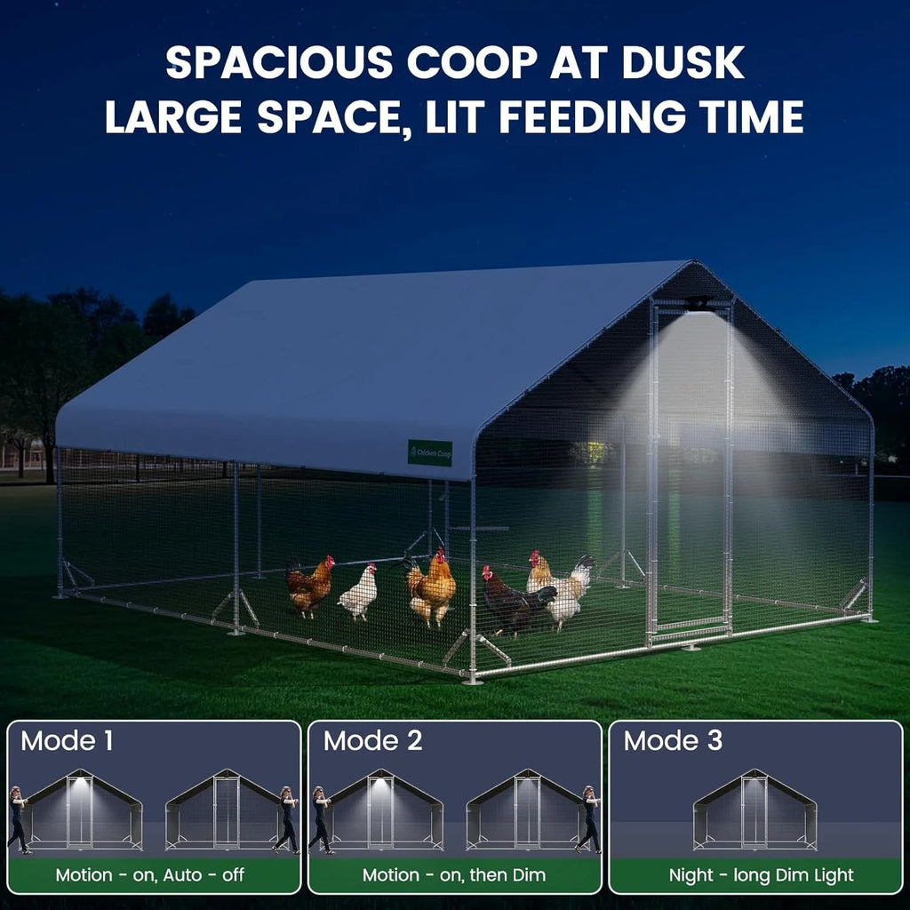 Large Walk-in Metal Chicken Coop with Run, Solar Light, UV Cover