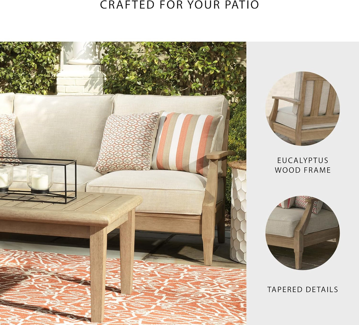 Signature Design by Ashley Clare View Coastal Outdoor Patio Eucalyptus Sofa with Cushions, Beige