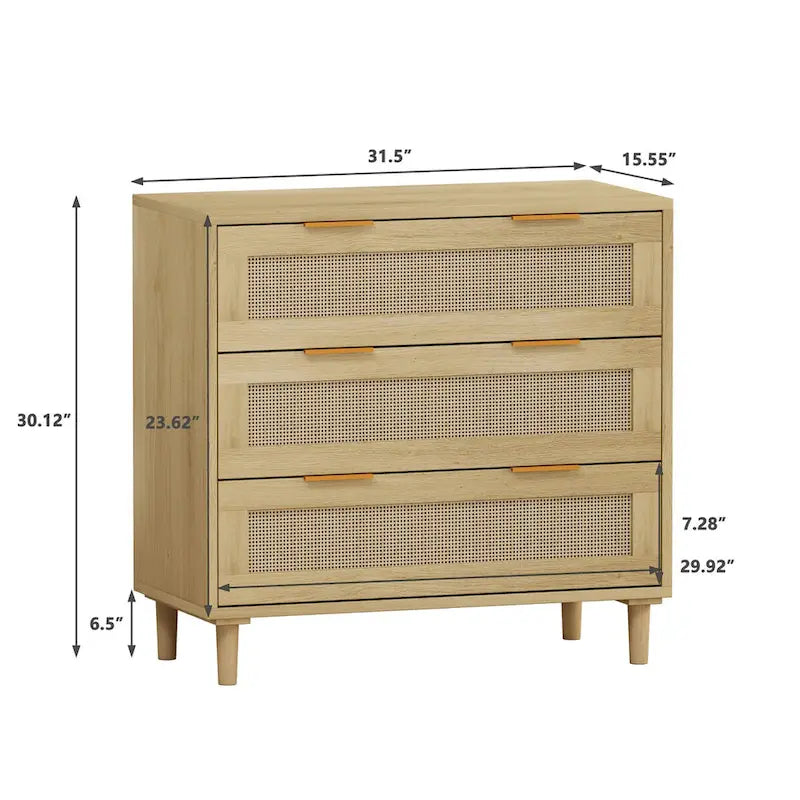 Oak Storage Cabinet with 3 Rattan Drawers - Dimensions: 31.5L x 15.55W x 30.12H