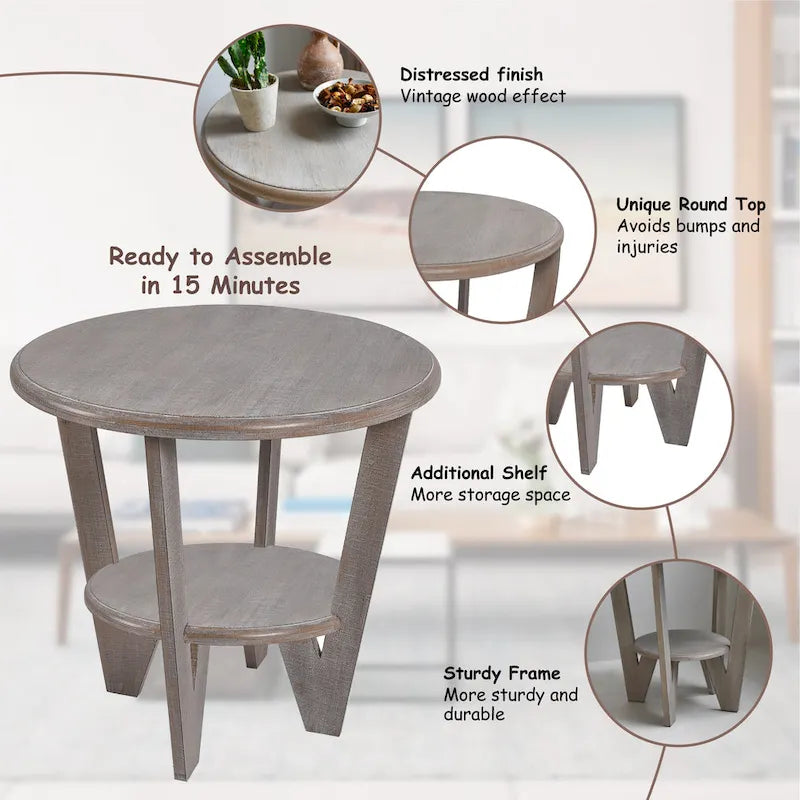 COZAYH Set of 2 Rustic Farmhouse End Tables with Storage Shelf - Vintage Grey French Country Accent Side Tables