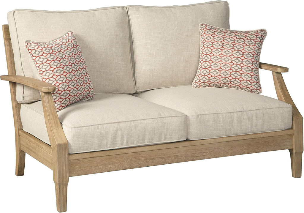 Signature Design by Ashley Clare View Coastal Outdoor Patio Eucalyptus Sofa with Cushions, Beige