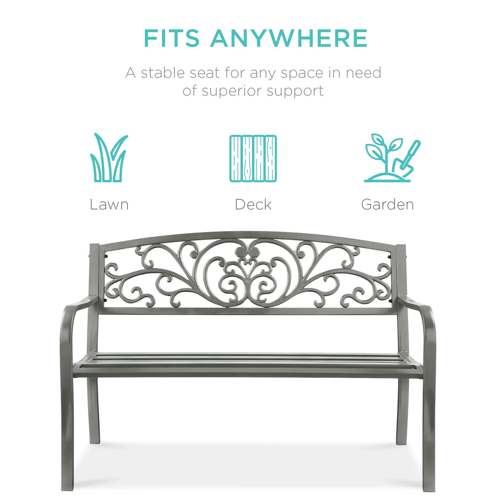 Best Choice Products Outdoor Steel Bench Garden Patio Porch Furniture W/ Floral Design Backrest - Black