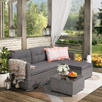 JOIVI 3 Pieces Patio Conversation Set, PE Wicker Rattan Outdoor Furniture Set, 2 Ways Small Sectional Sofa, Tempered Glass Coffee Table, Silver-Gray