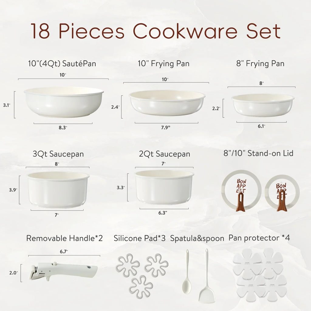 Carote 18 Pcs Ceramic Nonstick Cookware Set, Pots and Pans Set with Detachable Handles, Oven/Dishwasher Safe, Stackable Kitchen Cooking Set, White