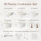 Carote 18 Pcs Ceramic Nonstick Cookware Set, Pots and Pans Set with Detachable Handles, Oven/Dishwasher Safe, Stackable Kitchen Cooking Set, White
