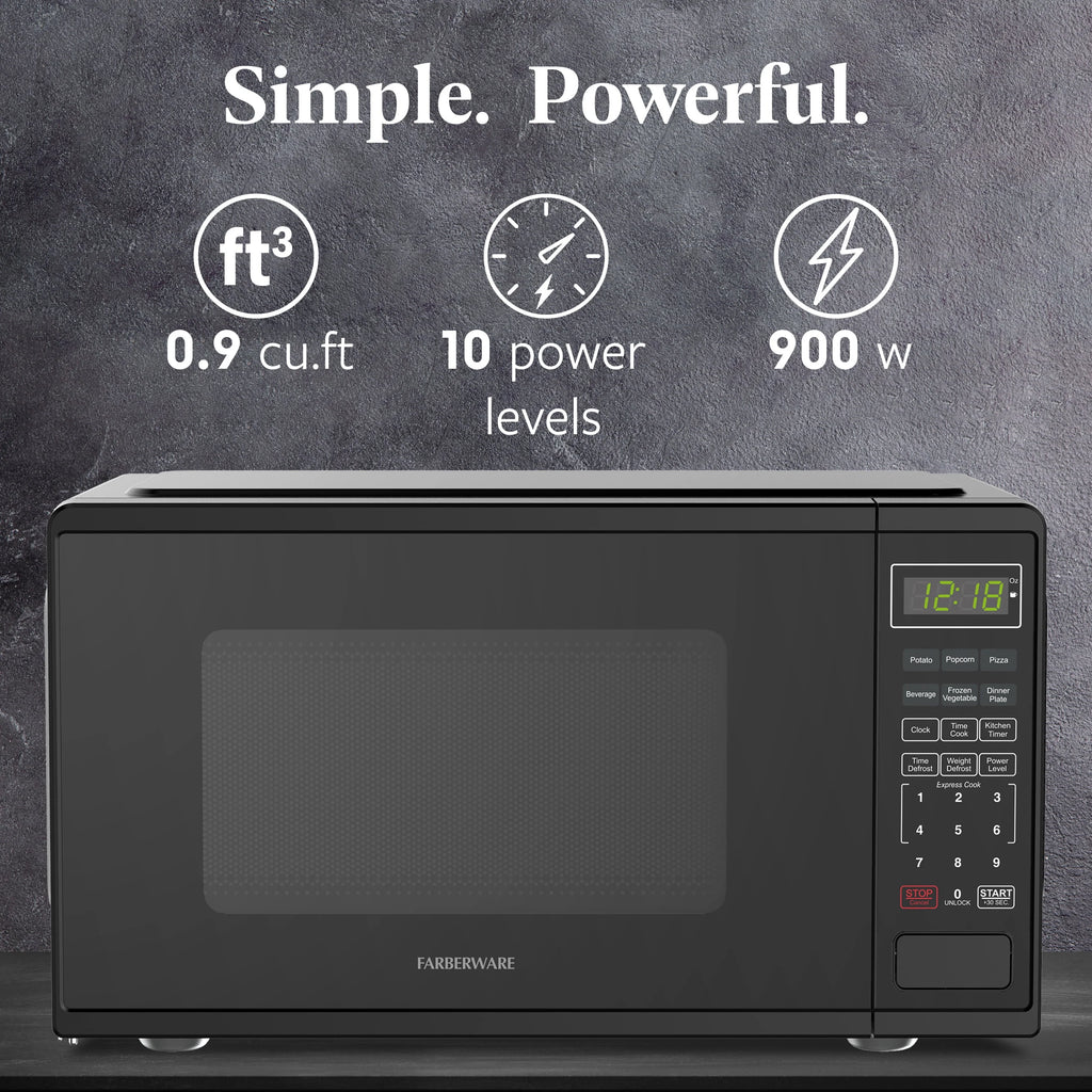 Farberware FMGZ09BKA 0.9 Cu. Ft. Microwave Oven, 900W, Digital Control, LED Display, 6 Cooking Presets, Black