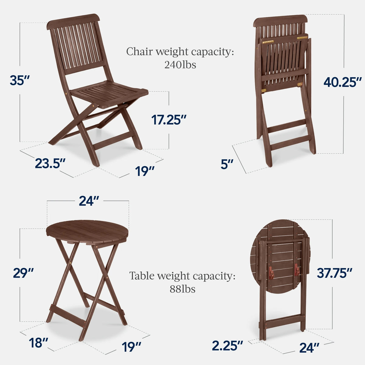 Best Choice Products 3-Piece Acacia Wood Bistro Set, Folding Patio Furniture w/ 2 Chairs, Table - Natural