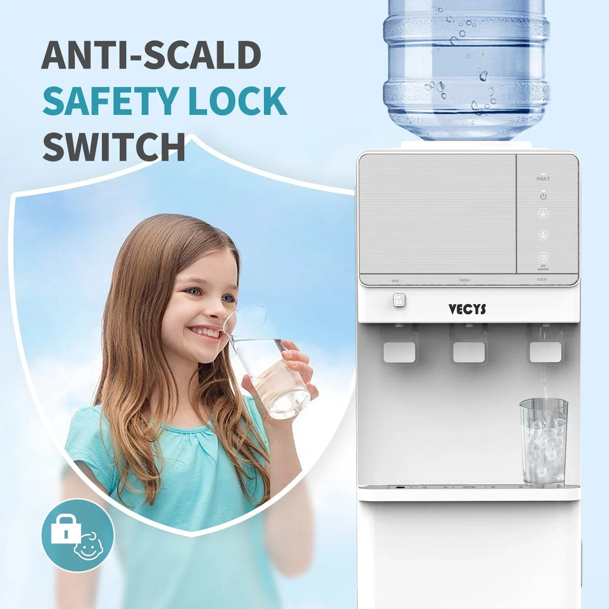 VECYS 3 5 gal Water Dispenser with Ice Maker, 27LBS Daily Ice & Child Lock