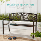 Best Choice Products Outdoor Steel Bench Garden Patio Porch Furniture W/ Floral Design Backrest - Black