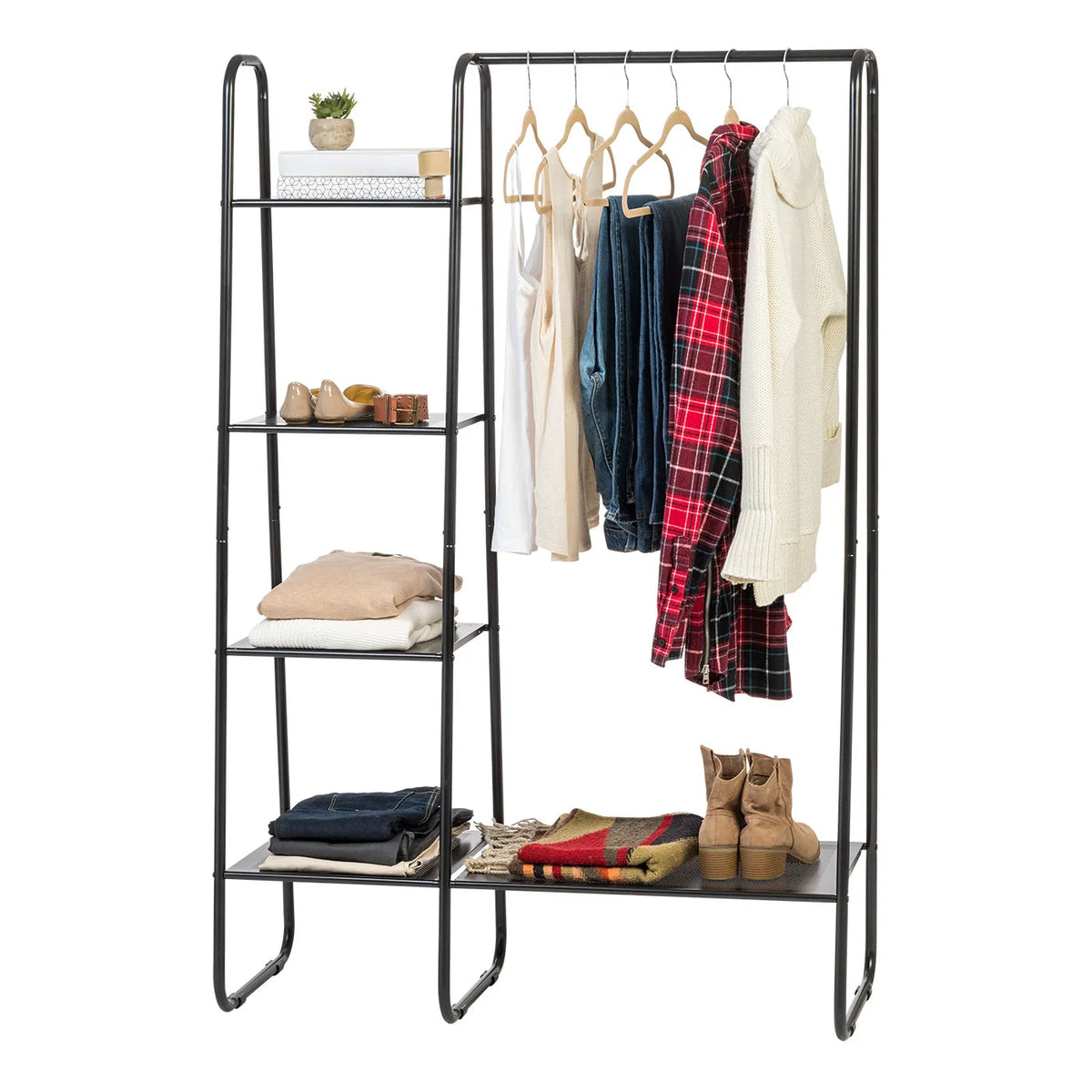 Metal Garment Rack with Metal Mesh Shelves | Black