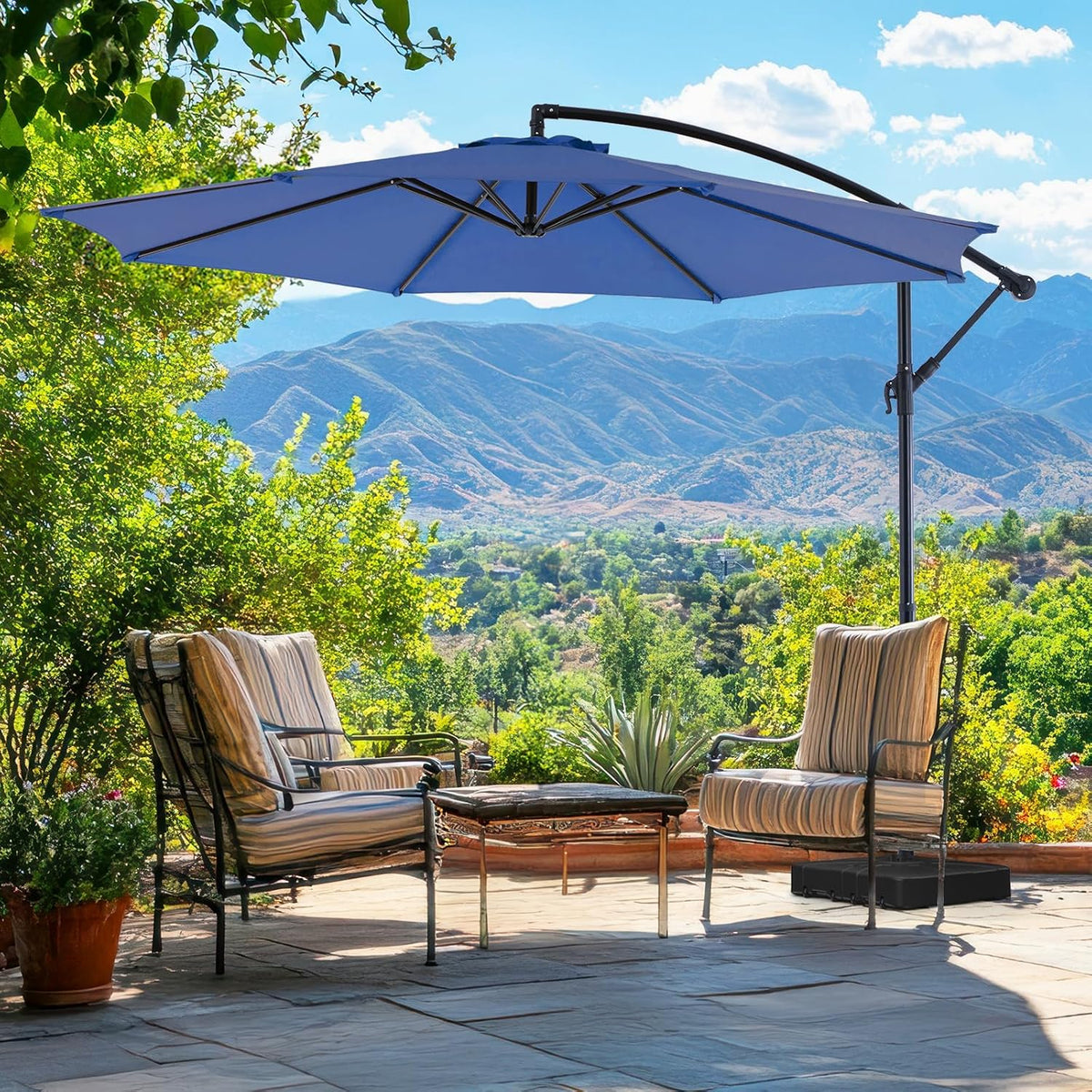 9.8FT Offset Patio Umbrella Hanging Cantilever Umbrella Outdoor Sun Shade with Easy Tilt Adjustment, 8 Ribs, UV Protection for Backyard, Lawn, Garden and Pool, Blue