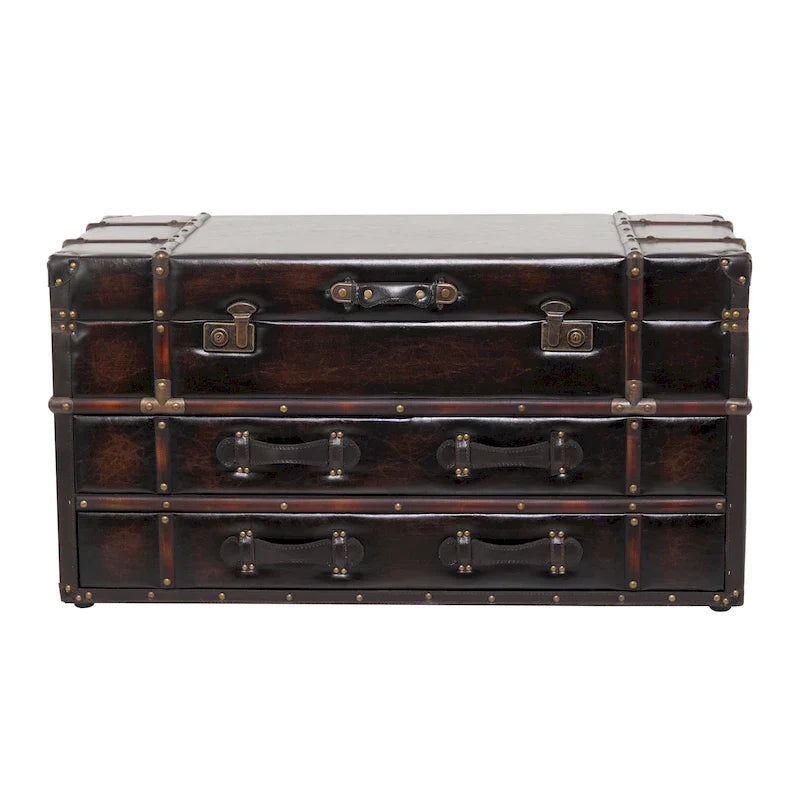Roche River Decor Faux Leather or Linen Fabric Coffee Table Trunk with 2 Drawers and Buckle Hinged Top - Available in Dark Blue or Brown