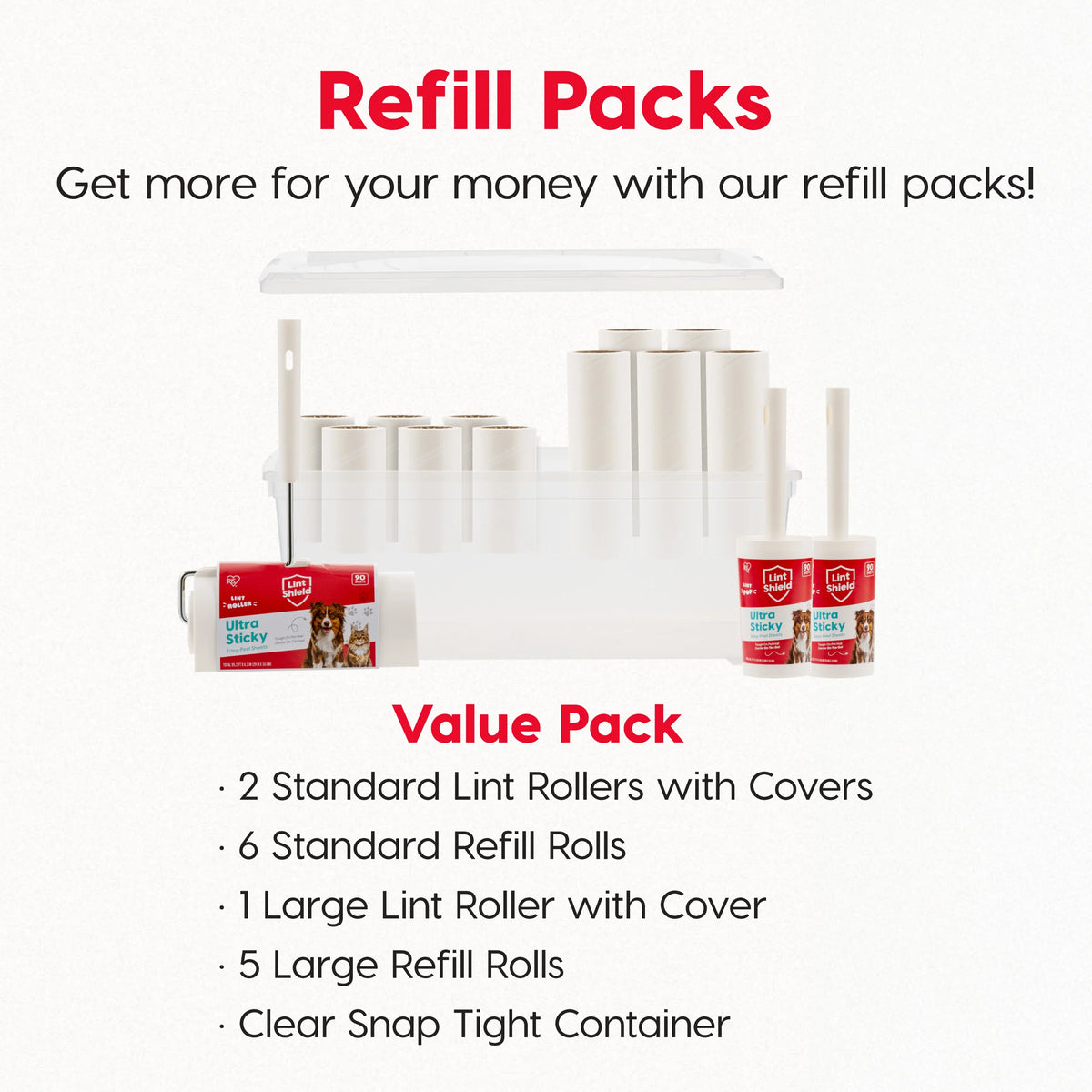Extra Sticky Lint Roller Value Pack, Comes with Storage Box, Standard and T-Handle Roller, Refills, 90 Sheets/Roll, 1260 Sheets