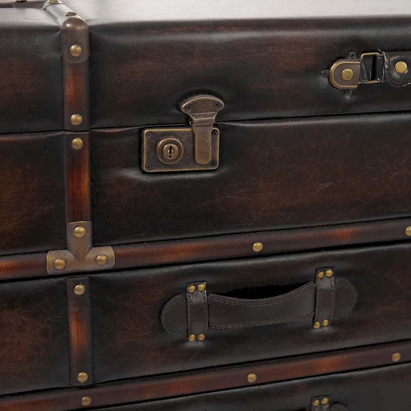 Roche River Decor Faux Leather or Linen Fabric Coffee Table Trunk with 2 Drawers and Buckle Hinged Top - Available in Dark Blue or Brown