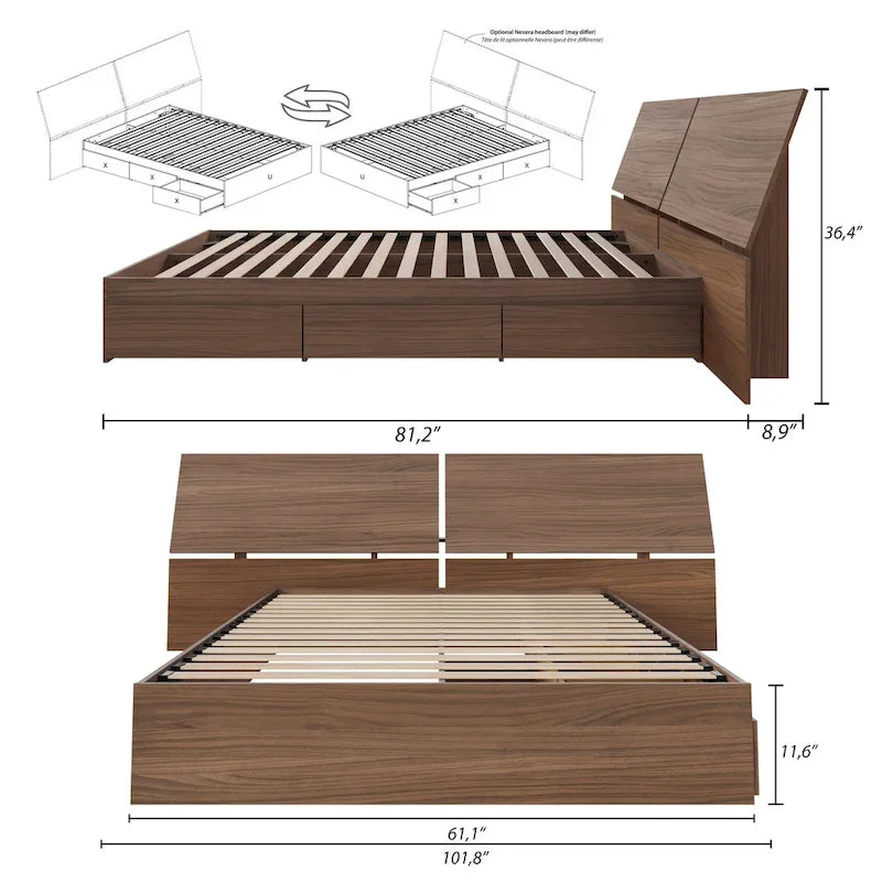 Walnut Nexera Storage Bed with Integrated Headboard