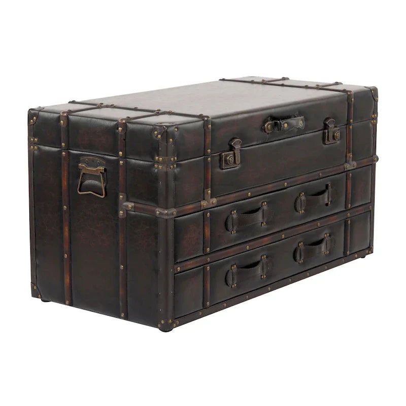 Roche River Decor Faux Leather or Linen Fabric Coffee Table Trunk with 2 Drawers and Buckle Hinged Top - Available in Dark Blue or Brown
